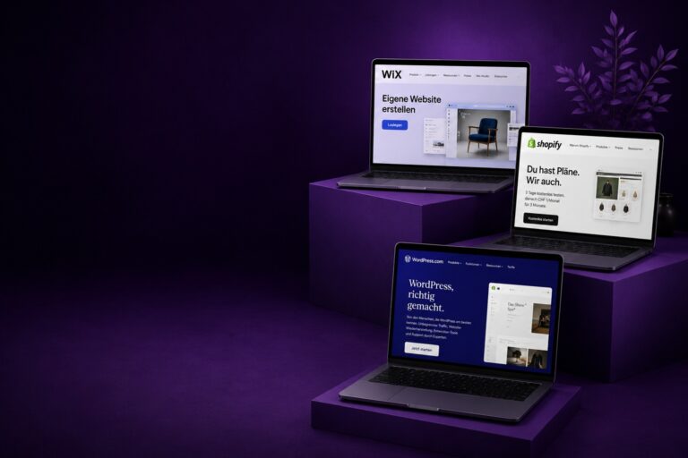Vergleich von Wix, Jimdo, Shopify und WordPress für Websites und Online-Shops im direkten Vergleich.
