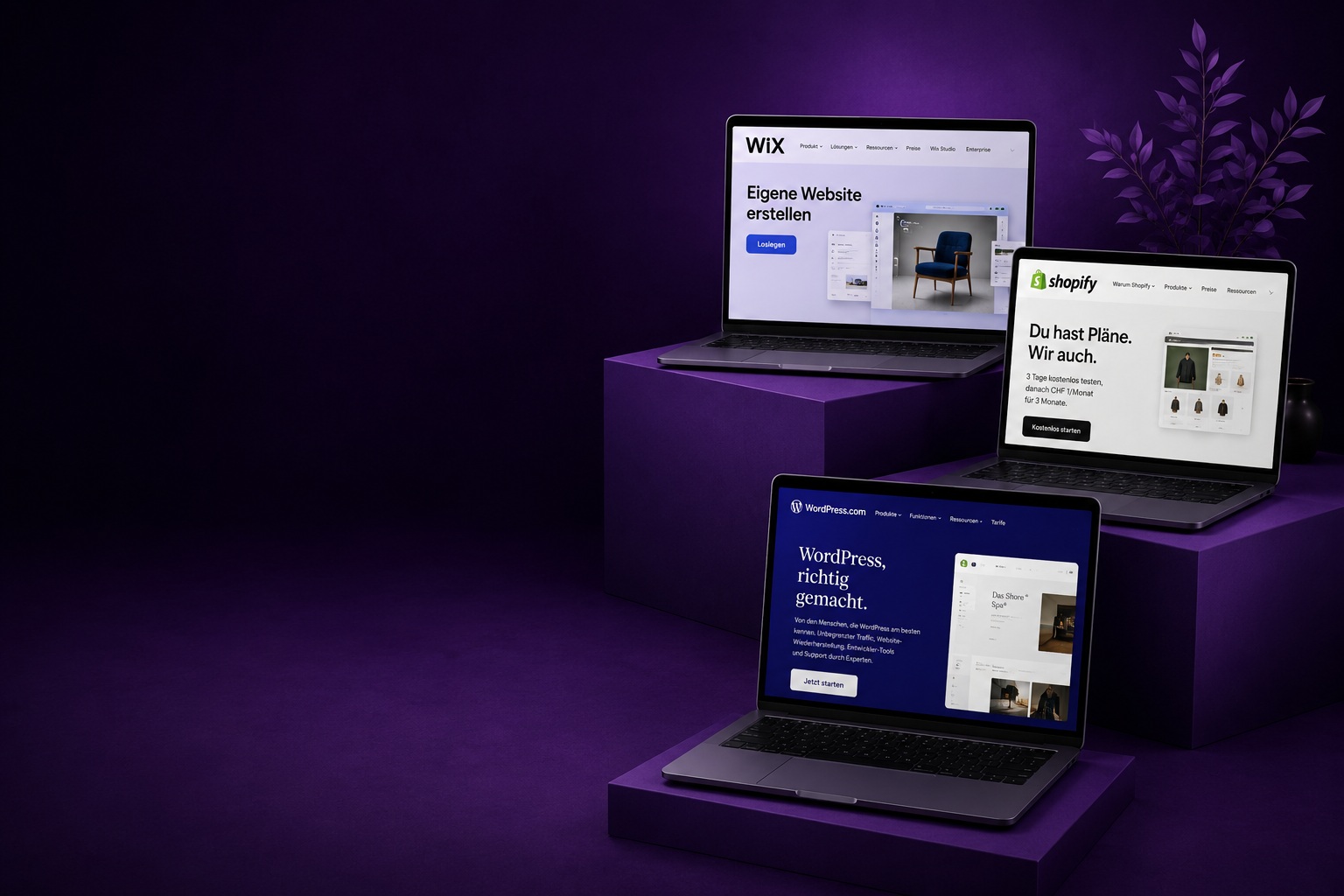 Vergleich von Wix, Jimdo, Shopify und WordPress für Websites und Online-Shops im direkten Vergleich.