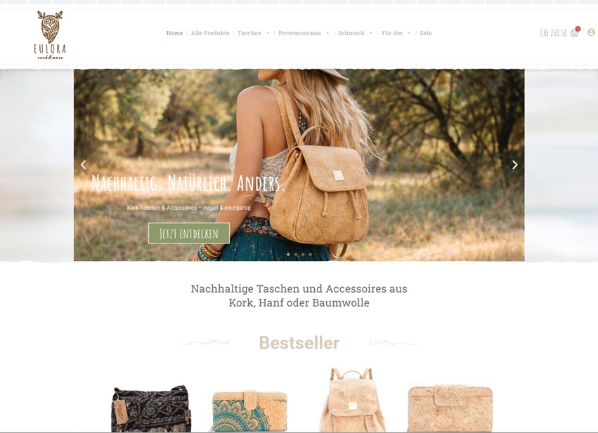 EULORA cork&more Online-Shop nach Migration von Shopify zu WooCommerce