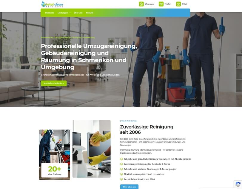 Website von Total Clean Reinigung – professionelles Webdesign für ein Schweizer Reinigungsunternehmen