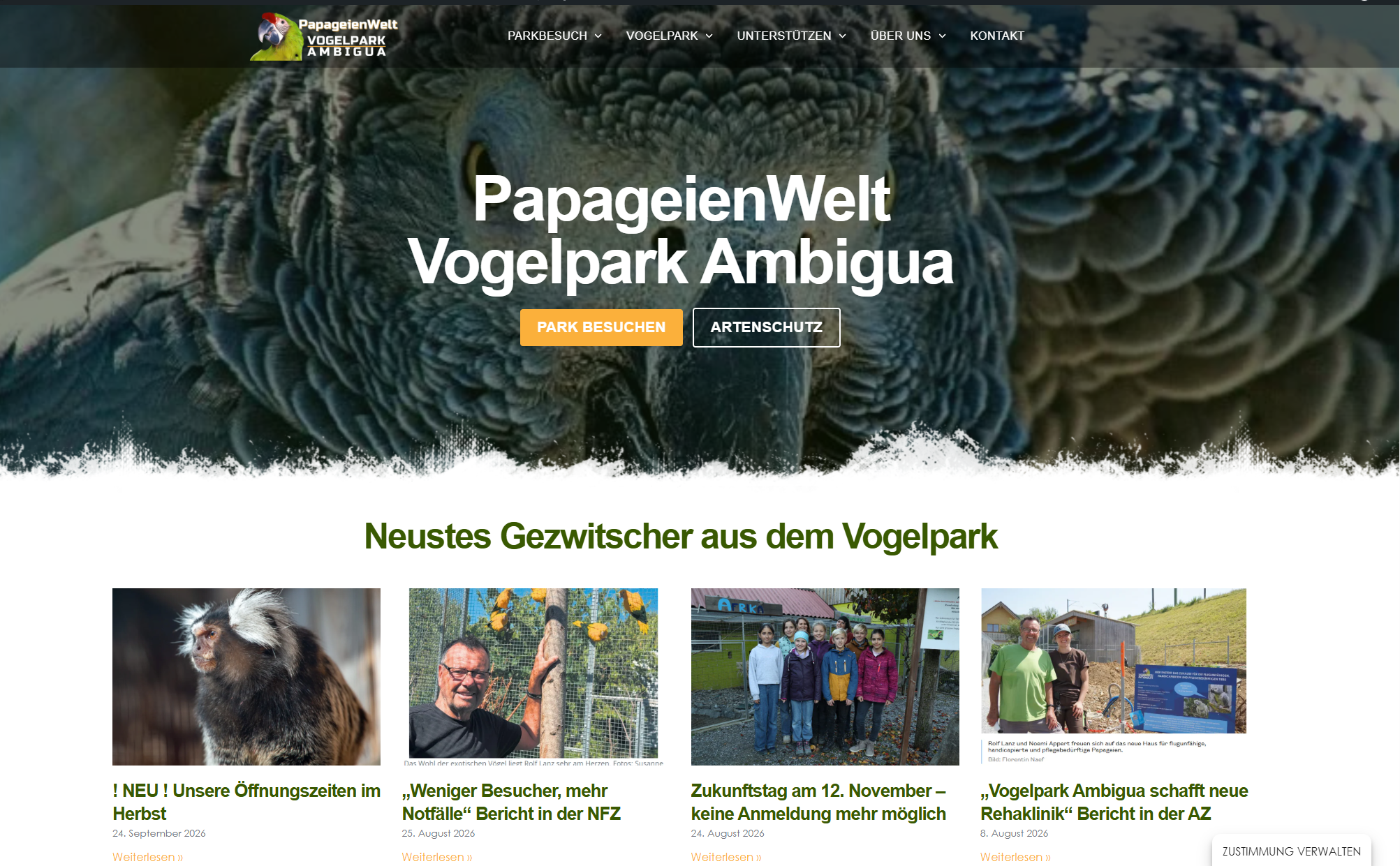 Website der Vogelpark Ambigua GmbH – umfangreiches Webdesign mit Events News und Buchungsformularen